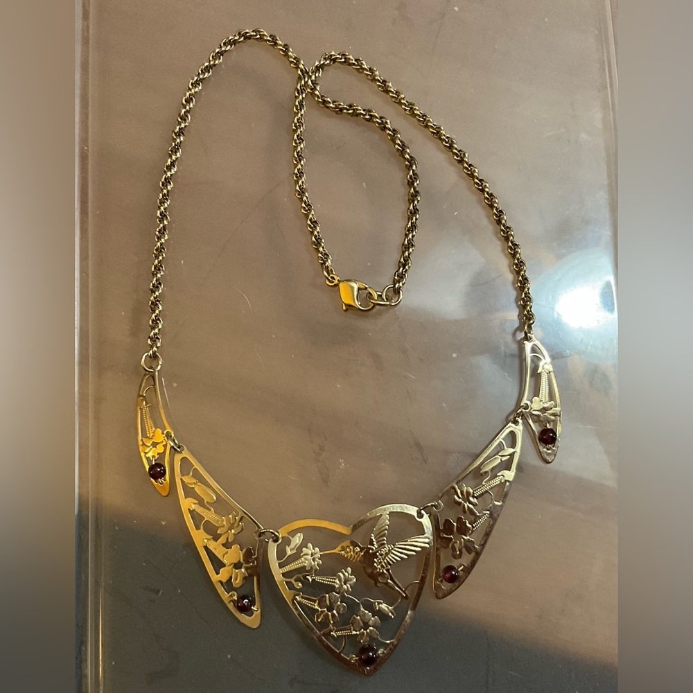 Wild Bryde: Humming bird gold plated 5 garnet gems link /rope chain necklace.